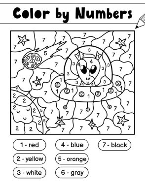 Çocuklar için rakamlara göre renk oyunu. Uzayda sevimli bir uzaylıyla boyama sayfası. Okul ve anaokulu için çözümüyle basılabilir çalışma kâğıdı. Sayıları öğreniyorum. Vektör illüstrasyonu