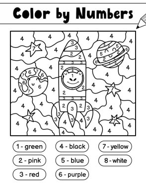 Çocuklar için rakamlara göre renk oyunu. Roketli bir kurbağayla uzay boyama sayfası. Okul ve anaokulu için çözümüyle basılabilir çalışma kâğıdı. Sayıları öğreniyorum. Vektör illüstrasyonu