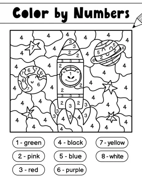 Çocuklar için rakamlara göre renk oyunu. Roketli bir kurbağayla uzay boyama sayfası. Okul ve anaokulu için çözümüyle basılabilir çalışma kâğıdı. Sayıları öğreniyorum. Vektör illüstrasyonu