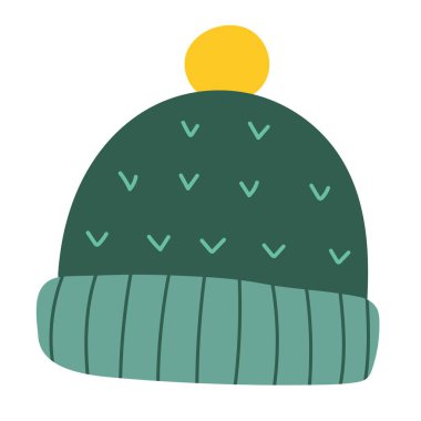 Çizgi film tarzında izole edilmiş bir kış şapkası. Soğuk hava ikonu için karalama giysileri. Vektör illüstrasyonu