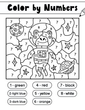 Çocuklar için rakamlara göre renk oyunu. Bir kurbağa astronotla uzay boyama sayfası. Okul ve anaokulu için çözümüyle basılabilir çalışma kâğıdı. Sayıları öğreniyorum. Vektör illüstrasyonu