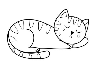 Siyah beyaz tatlı uyuyan kedi. Ana hatlarda komik kedi karakteri izole edilmiş. Boyama sayfası, parmak izi ve kartlar için harika. Vektör illüstrasyonu