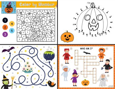 Cadılar Bayramı etkinlik sayfaları çocuklar için. US Letter formatında komik oyunlar koleksiyonu. Rakamlara göre renk, noktadan noktaya, labirent ve bulmaca şablonları ürkütücü karakterlerle. Vektör illüstrasyonu