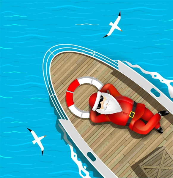 Санта Клаус Плаває Яхті Лежить Палубі Купою Подарунків Морські Хвилі — стоковий вектор