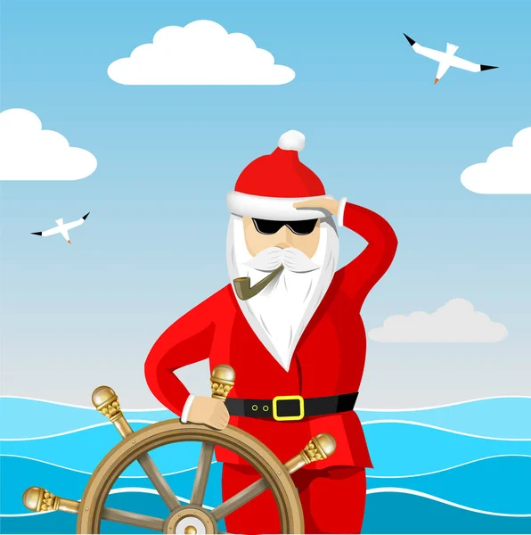 Капітан Санта Клауса Темних Склянках Біля Керма Морі Морські Хвилі — стоковий вектор