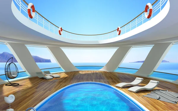 Illustration Das Deck Eines Luxus Kreuzfahrtschiffes Mit Swimmingpool Auf See — Stockfoto
