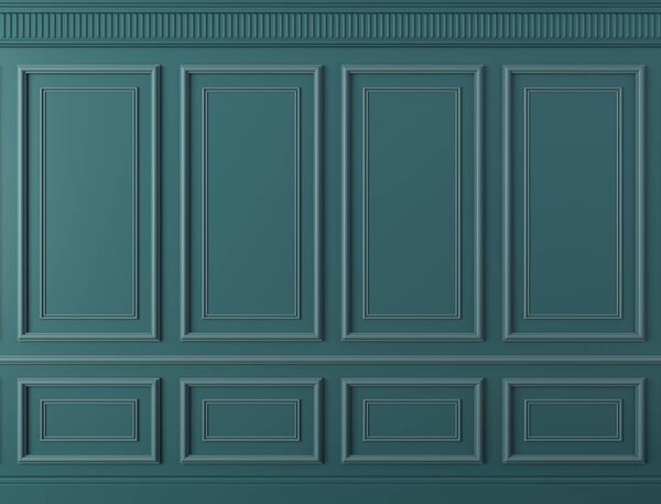 3d иллюстрация. Классическая стена из темно-мятных панелей зеленого дерева. Столярные работы в интерьере. Фон.