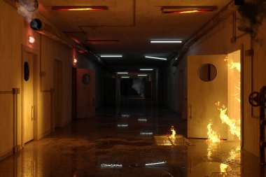 Binanın koridorunda 3D illüstrasyon yangını ve yangın söndürme sistemi