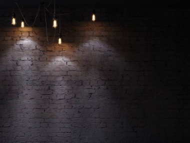 3 boyutlu illüstrasyon. Eski tuğla bir duvarda klasik bir elektrik lambası. Denim gölgesi arkaplanı