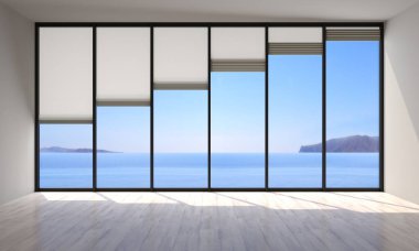 3d illustration. Glass wall of the room with roller blinds. Roman or Japanese blinds. clipart