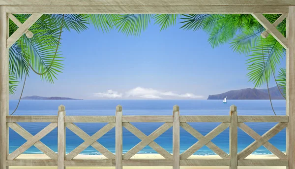 3D例证 热带美丽海滩上的经典露台 — 图库照片