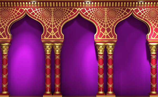3d illustration. Eastern arch of the mosaic. Carved architecture and classic columns. Indian style. Decorative architectural frame viva magenta .