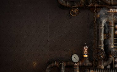 3 boyutlu illüstrasyon. Arka plandaki karanlık duvar tavan arası, borulardan gelen steampunk lamba. Ya afiş ya da makara. Alıntı