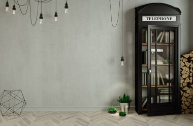 3 boyutlu illüstrasyon. Çatı katı tarzında modern iç mimari, eski duvar. Mobilyalar ve raflar. Telefon kulübesi kitaplığı .