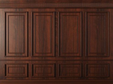 3 boyutlu illüstrasyon. Klasik duvar, klasik kahverengi kayın ağacı ahşap paneller. İç kısımda marangozluk. Arkaplan.