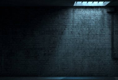 3 boyutlu illüstrasyon. Gece bir sokak cephesinin tuğladan duvarı. Odanın girişi. Kirli, eski bir geçit. Lamba. Arkaplan afişi duvar kağıdı