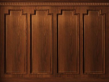 3d illustration. Classic wall with vintage red brown beech wood panels . Joinery in the interior. Background.