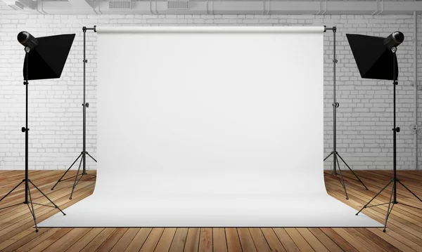 3D illustration. Photo studio room with white banner background, Industrial construction. Equipment for shooting. Lighting. Plant or loft