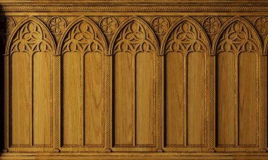 3d illustration. Classic cabinet or castle wall made of gothic wood paneling
