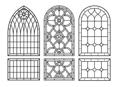 Arched vintage old windows set with stained glas. Architecture Vector elements. Art Nouveau architecture