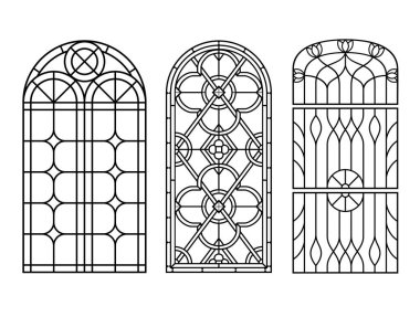 Arched vintage old windows set with stained glas. Architecture Vector elements. Art Nouveau architecture