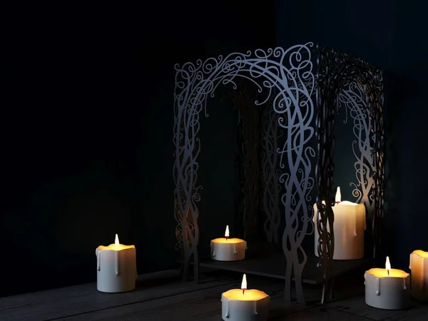 stock image 3d illustration. Lantern fabulous gazebo made of wicker vines. Concept