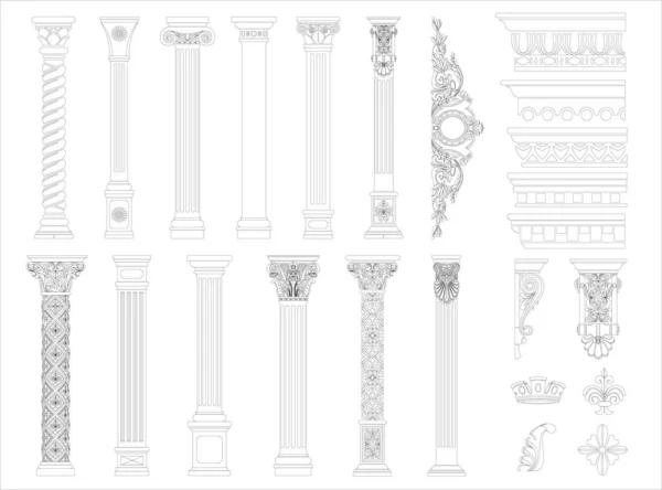 Контурна Розмальовка Набір Класичних Колон Набір Візерунків Векторній Графіці — стоковий вектор