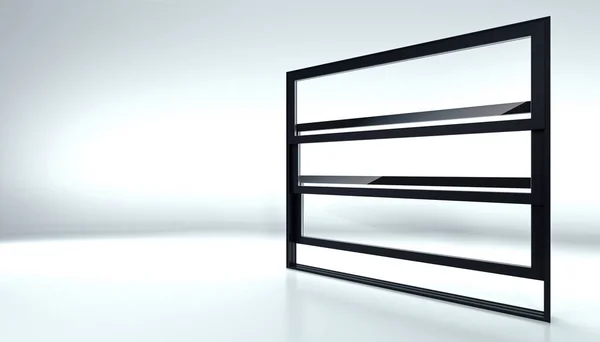 3D例证 商店或橱窗中的黑色垂直滑动门 横幅的背景广告 现代建筑技术 — 图库照片