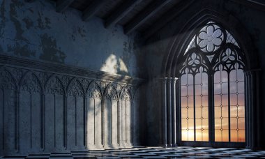 3 boyutlu illüstrasyon. Büyük gotik pencereli terk edilmiş bir kale gün batımının ışınları. Katedral ortaçağ mimarisi