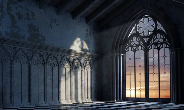 Illustration Abandoned Castle Large Gothic Window Rays Sunset Cathedral Medieval — Stock Photo, Image