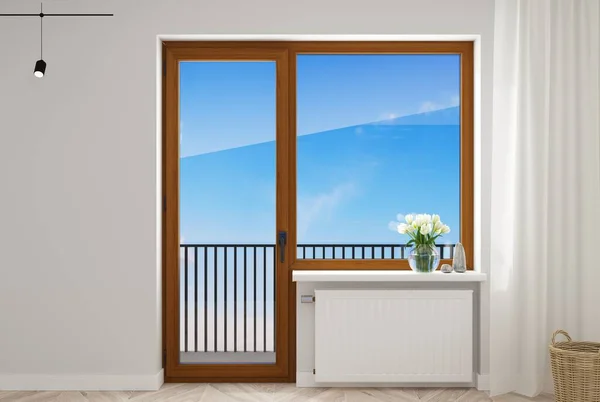 Иллюстрация Открытая Деревянная Современная Пластиковая Дверь Окном Комнате — стоковое фото
