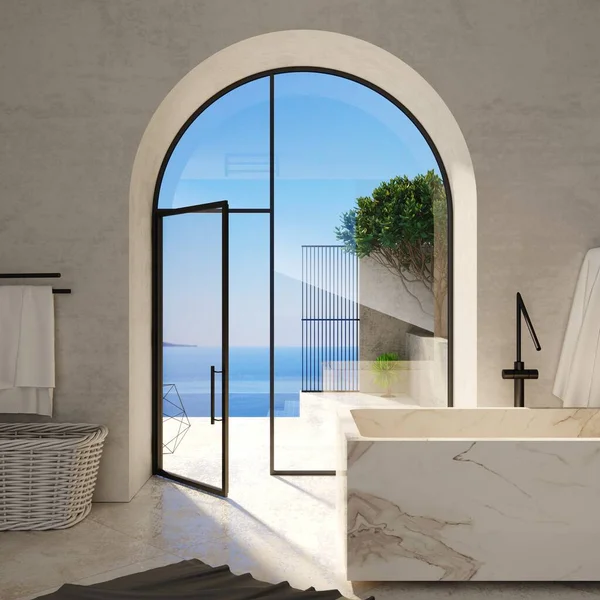 3Dイラスト 古典的な地中海のヴィラとバスルームのアーチ型のドア — ストック写真