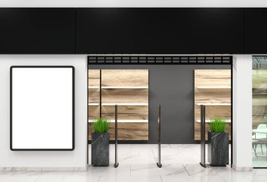 3 boyutlu illüstrasyon. Markanın ön cephesindeki logonun reklamını yaptığın için. Alışveriş merkezi ve vitrinler. İçeriyi kaydet
