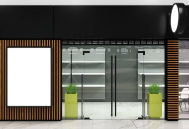 3 boyutlu illüstrasyon. Markanın ön cephesindeki logonun reklamını yaptığın için. Alışveriş merkezi ve vitrinler. İçeriyi kaydet