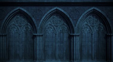 3 boyutlu illüstrasyon. Büyük bir gotik penceresi ya da mahzeni olan terk edilmiş bir gece kalesi. Katedral ortaçağ mimarisi