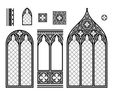 Gerçekçi Gotik Ortaçağ vitray penceresi. Geçmişi ya da dokusu. Mimari unsur. Ortaçağ Gotik vitray katedral penceresi seti