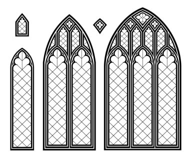 Gerçekçi Gotik Ortaçağ vitray penceresi. Geçmişi ya da dokusu. Mimari unsur. Ortaçağ Gotik vitray katedral penceresi seti
