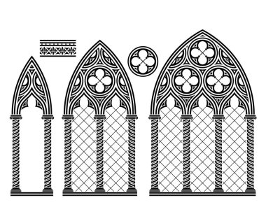 Gerçekçi Gotik Ortaçağ vitray penceresi. Geçmişi ya da dokusu. Mimari unsur. Ortaçağ Gotik vitray katedral penceresi seti