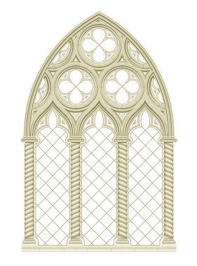 Gerçekçi Gotik katedral ortaçağ vitray penceresi ve taş kemer. Geçmişi ya da dokusu. Mimari element