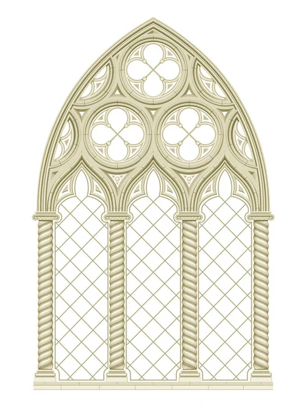 Realistic Gothic cathedral medieval stained glass window and stone arch . Background or texture. Architectural element