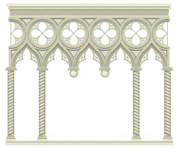 Fachada Galería Arcade Clásica Catedral Gótica Detalles Arquitectónicos Ventanas Puertas — Vector de stock