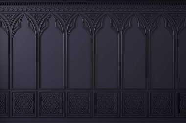 3 boyutlu illüstrasyon. Klasik dolap ya da gotik ahşap mavi panelden yapılmış kale duvarı.