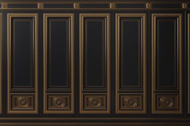 3 boyutlu illüstrasyon. Klasik siyah eski altın ahşap paneller duvarı. İç kısımda marangozluk. Arkaplan.