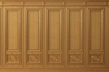 3 boyutlu illüstrasyon. Eski altın ahşap panellerden oluşan klasik dolap duvarı. İç kısımda marangozluk. Arkaplan.