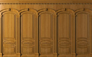 3 boyutlu illüstrasyon. Klasik duvar, klasik kahverengi kayın ağacı ahşap paneller. İç kısımda marangozluk. Arkaplan.