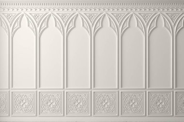 3d illustration. Classic cabinet or castle wall made of gothic wood paneling