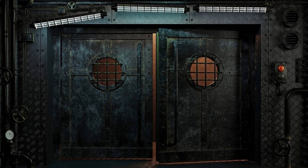 3d иллюстрация. Корабельные киберпанковые двери из старых металлических панелей