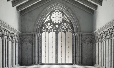 3 boyutlu illüstrasyon. Büyük gotik pencereli terk edilmiş bir kale gün batımının ışınları. Katedral ortaçağ mimarisi