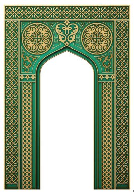 3 boyutlu illüstrasyon. Mozaiğin doğu kemeri. Mimari ve klasik sütunlar oyulmuş. Hint tarzı. Dekoratif mimari çerçeve .
