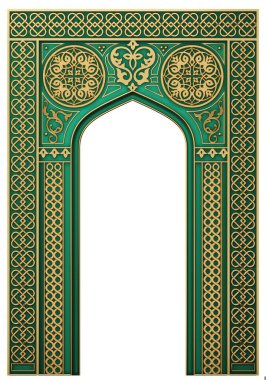 3d illustration. Eastern arch of the mosaic. Carved architecture and classic columns. Indian style. Decorative architectural frame . clipart